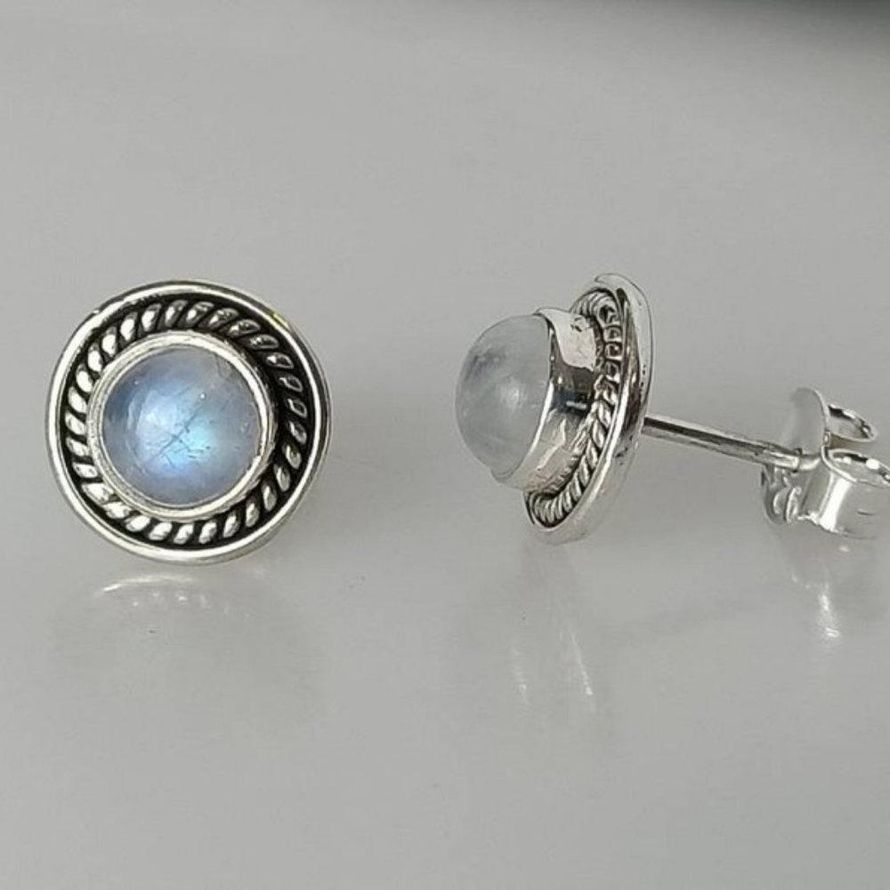 Genuine MOONSTONE Gems SOLID 925 Oxidized SILVER Big Bohemian Stud Earrings - Picture 4 of 7
